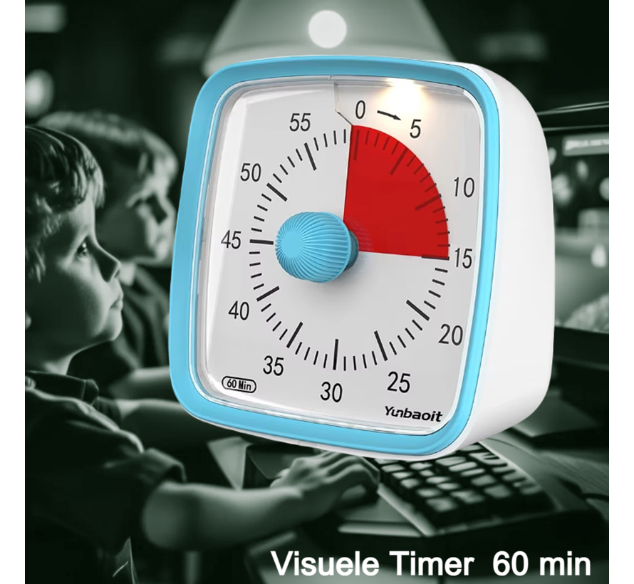 Allernieuwste.nl® Visuele Timer Kinderen Countdown Afteltimer Tijdklok 60 Minuten Leerklok Kind School Thuis Keuken Kantoor - Stille Timer Met Nachtlampje - Blauw Rood ##