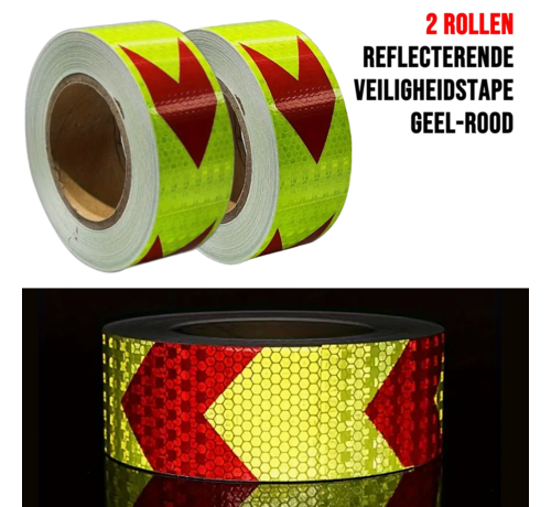 Allernieuwste.nl Allernieuwste.nl® 2 Rollen Reflecterende Tape Stickers Veiligheidstape - 50mmx3mtr - Reflectie Reflector Plakband - Geel-Rood - 2 Rollen %%