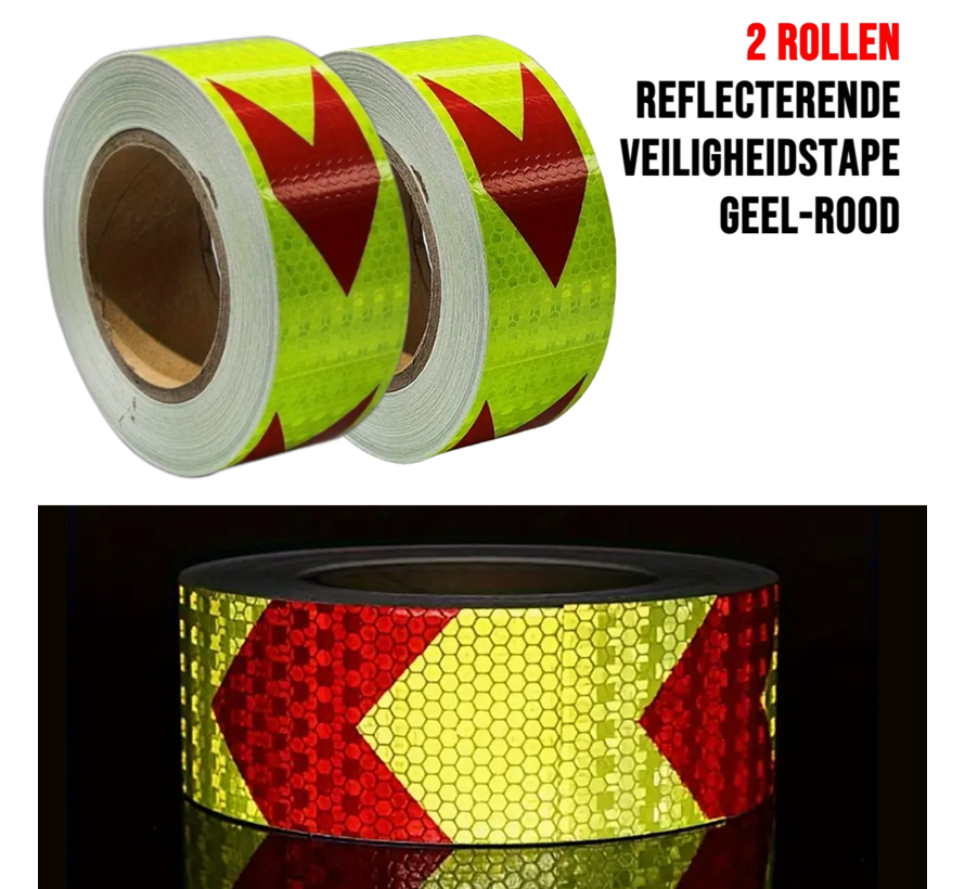 Allernieuwste.nl® 2 Rollen Reflecterende Tape Stickers Veiligheidstape - 50mmx3mtr - Reflectie Reflector Plakband - Geel-Rood - 2 Rollen %%