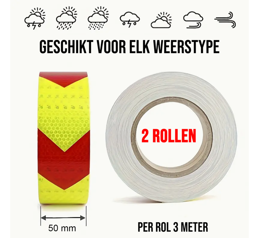 Allernieuwste.nl® 2 Rollen Reflecterende Tape Stickers Veiligheidstape - 50mmx3mtr - Reflectie Reflector Plakband - Geel-Rood - 2 Rollen %%