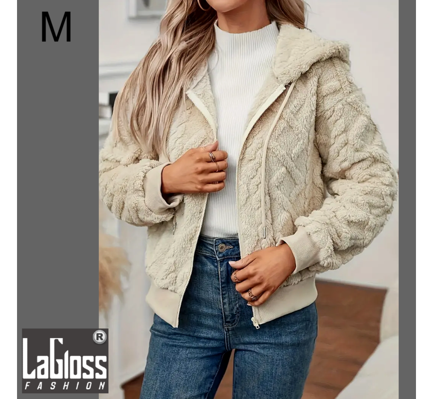 LaGloss® Warme Korte Teddy Jas Crème met Rits - Casual Winterjas - Maat M %%