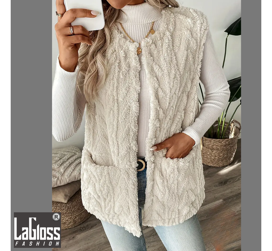 LaGloss® Mouwloos Vest Teddy Crème - Bodywarmer Pluche - Modieuze Winter Bodywarmer - Maat M