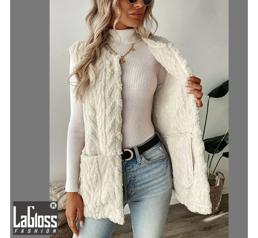 LaGloss® Mouwloos Vest Teddy Crème - Bodywarmer Pluche - Modieuze Winter Bodywarmer - Maat M