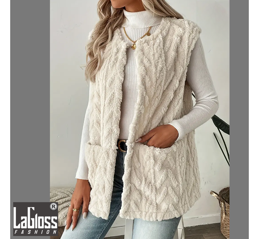 LaGloss® Mouwloos Vest Teddy Crème - Bodywarmer Pluche - Modieuze Winter Bodywarmer - Maat M