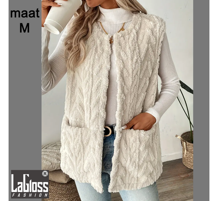 LaGloss® Mouwloos Vest Teddy Crème - Bodywarmer Pluche - Modieuze Winter Bodywarmer - Maat M