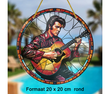 Allernieuwste.nl Raamhanger Raamdecoratie Elvis met Gitaar - 20 x 20 cm Rond