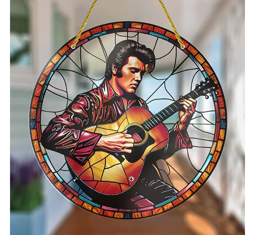 Allernieuwste.nl® Raamhanger Raamdecoratie Elvis met Gitaar - Kleurige Muziek Zonnevanger - 20 x 20 cm Rond %%