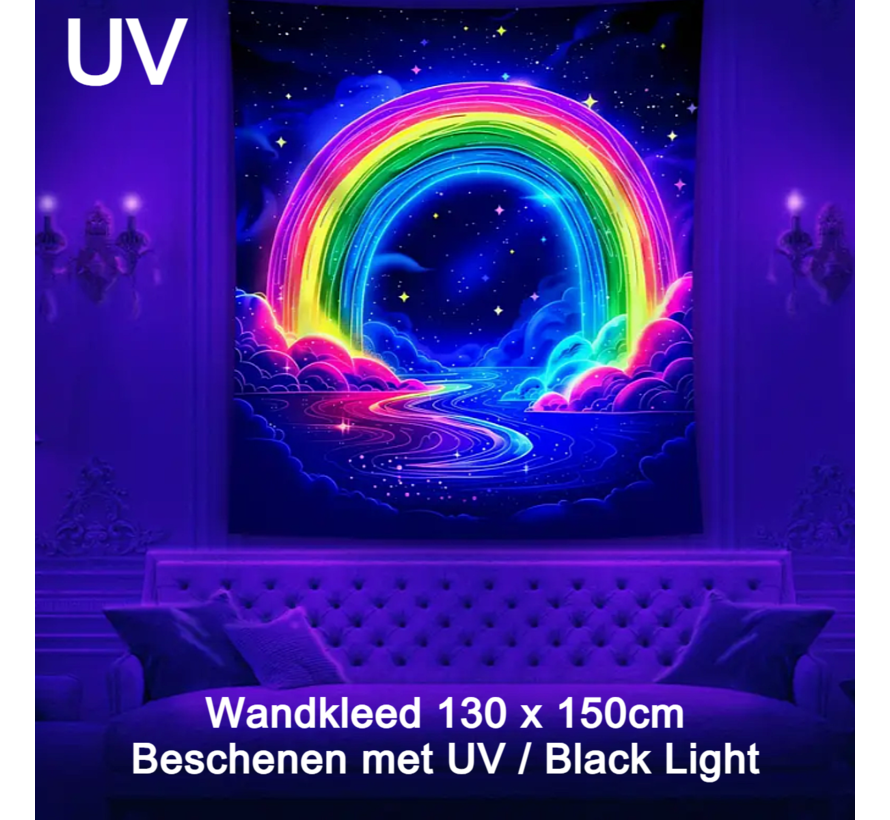 Allernieuwste.nl® Uniek Fluorescerend Regenboog Wandtapijt - UV Lichtgevend Wandkleed Wanddecoratie 130 x 150 cm %%