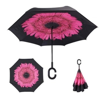 Allernieuwste.nl Ergonomische Storm Paraplu -  Zwart met Roze Bloem