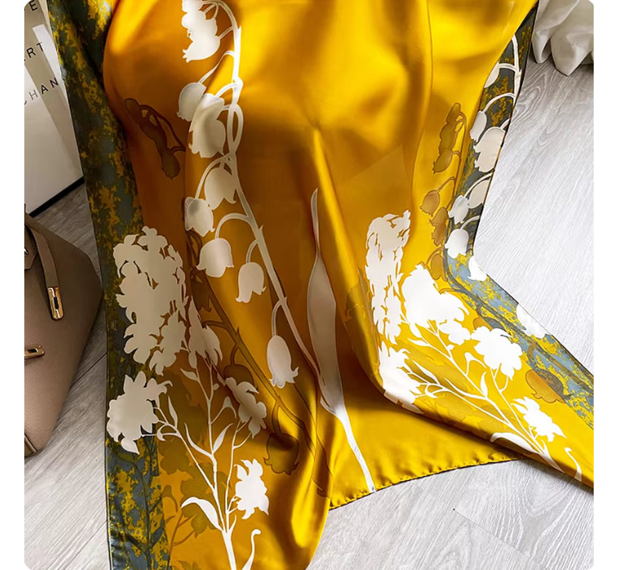 LaGloss® Luxe Zijde Sjaal Geel Bloemen - Lange Zijden Sjaal voor Vrouwen - 90 x 180 cm %%