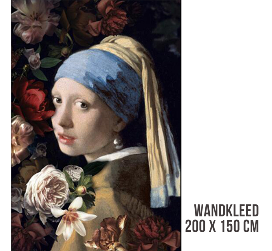 Allernieuwste.nl® Meisje met de Parel en Bloemen Wandkleed Groot XL Wandtapijt Wanddecoratie Muurkleed Tapestry - Johannes Vermeer - Kleur - 200 x 150 cm