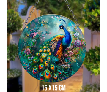 Allernieuwste.nl Ronde Raamdecoratie Kleurrijke Pauw - 15 cm