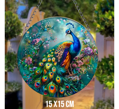 Allernieuwste.nl Raamhanger Raamdecoratie Kleurrijke Pauw - Kleurige Zonnevanger Rond Acryl met Ketting - Dieren - Suncatcher Rond model 15 cm %%