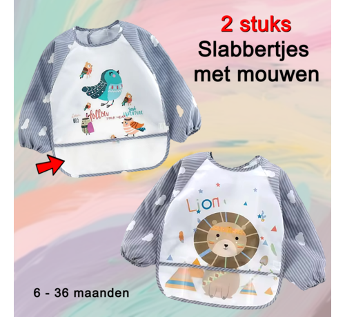 Allernieuwste.nl Allernieuwste.nl® 2 Stuks Baby Slabbers Met Lange Mouwen Vogel & Leeuw Waterdicht Slab Kliederschort Verf Schort Slabbertje ##