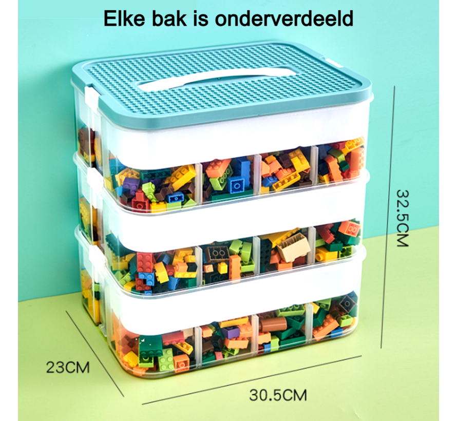 Allernieuwste.nl® Sterke Speelgoed Opbergbox - Sorteerdoos voor Bouwstenen 3 lagen met Onderverdelingen - Kleur Mint Blauw