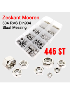 Allernieuwste.nl 445 Stuks Din934 Kleine Micro Hex Zeskant Moeren Set Assortiment - 304 RVS