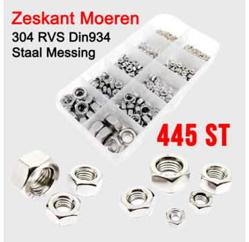 Allernieuwste.nl 445 Stuks Din934 Kleine Micro Hex Zeskant Moeren Set Assortiment - 304 RVS