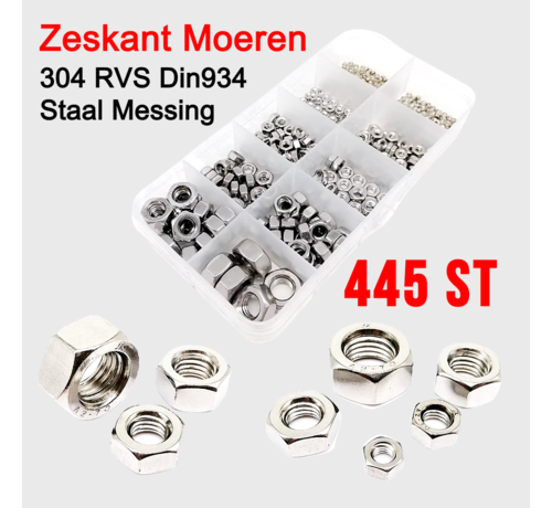 Allernieuwste.nl® 445 Stuks Din934 Kleine Micro Hex Zeskant Moeren Set Assortiment - 304 Roestvrij Staal Messing M1.4 M1.6 M2 M2.5 M3 M3 M3.5 M4 M5 M6 M8 Box ##