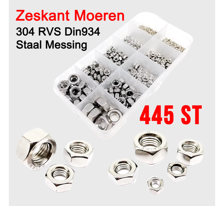445 Stuks Din934 Kleine Micro Hex Zeskant Moeren Set Assortiment - 304 Roestvrij Staal Messing M1.4 M1.6 M2 M2.5 M3 M3 M3.5 M4 M5 M6 M8 Box ##