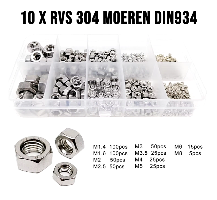 445 Stuks Din934 Kleine Micro Hex Zeskant Moeren Set Assortiment - 304 Roestvrij Staal Messing M1.4 M1.6 M2 M2.5 M3 M3 M3.5 M4 M5 M6 M8 Box ##