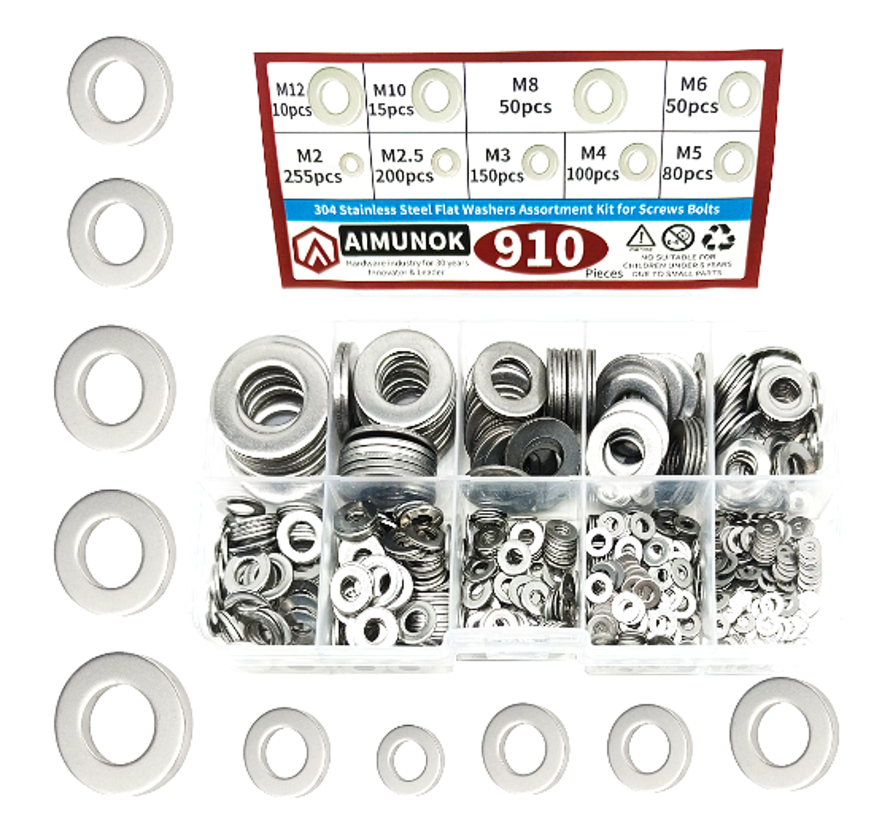 Allernieuwste.nl® 910 Stuks Platte Ringen Assortiment 304 Roestvrijstaal RVS M2 M2.5 M3 M4 M5 M6 M8 M10 M12 Mix Sluitringen ##
