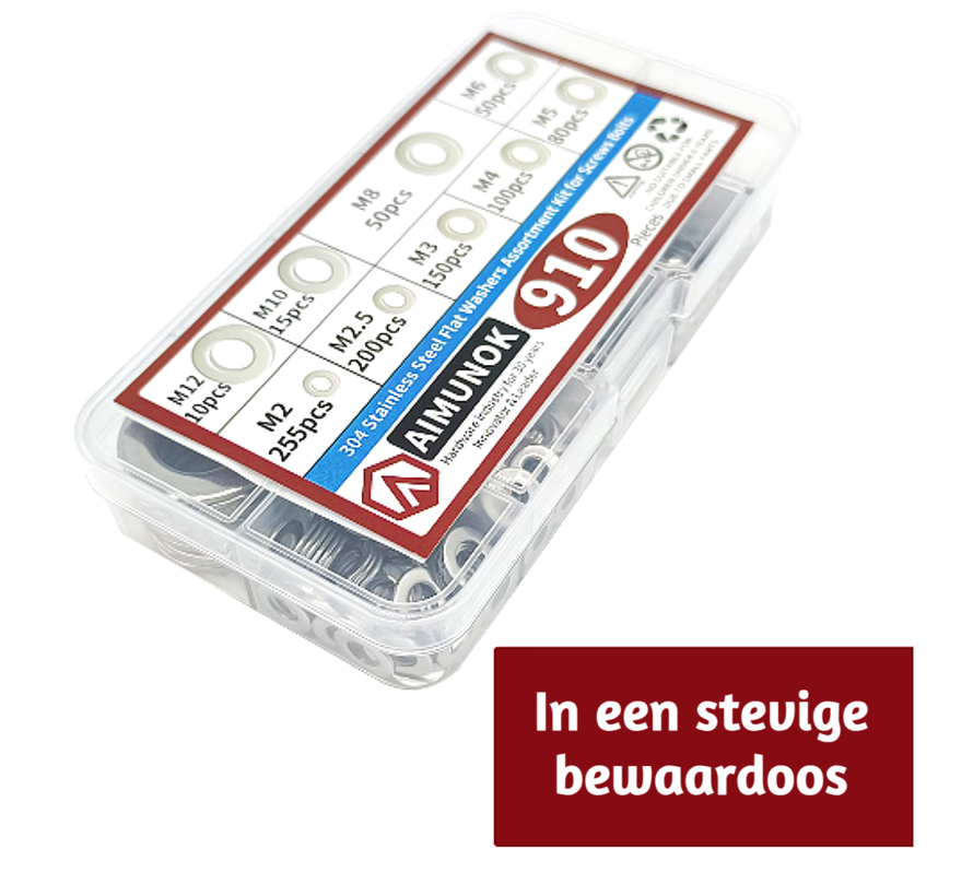 Allernieuwste.nl® 910 Stuks Platte Ringen Assortiment 304 Roestvrijstaal RVS M2 M2.5 M3 M4 M5 M6 M8 M10 M12 Mix Sluitringen ##