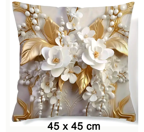 Allernieuwste.nl Allernieuwste.nl® Kussenhoes 3D Bloemen Wit Goud- Kussen Polyester 45x45 cm – Kussenovertrek %%