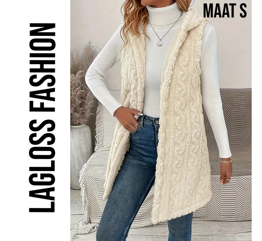 LaGloss® Mouwloos Vest Teddy Crème + Capuchon - Bodywarmer Pluche - Modieuze Winter Bodywarmer - Maat S %%