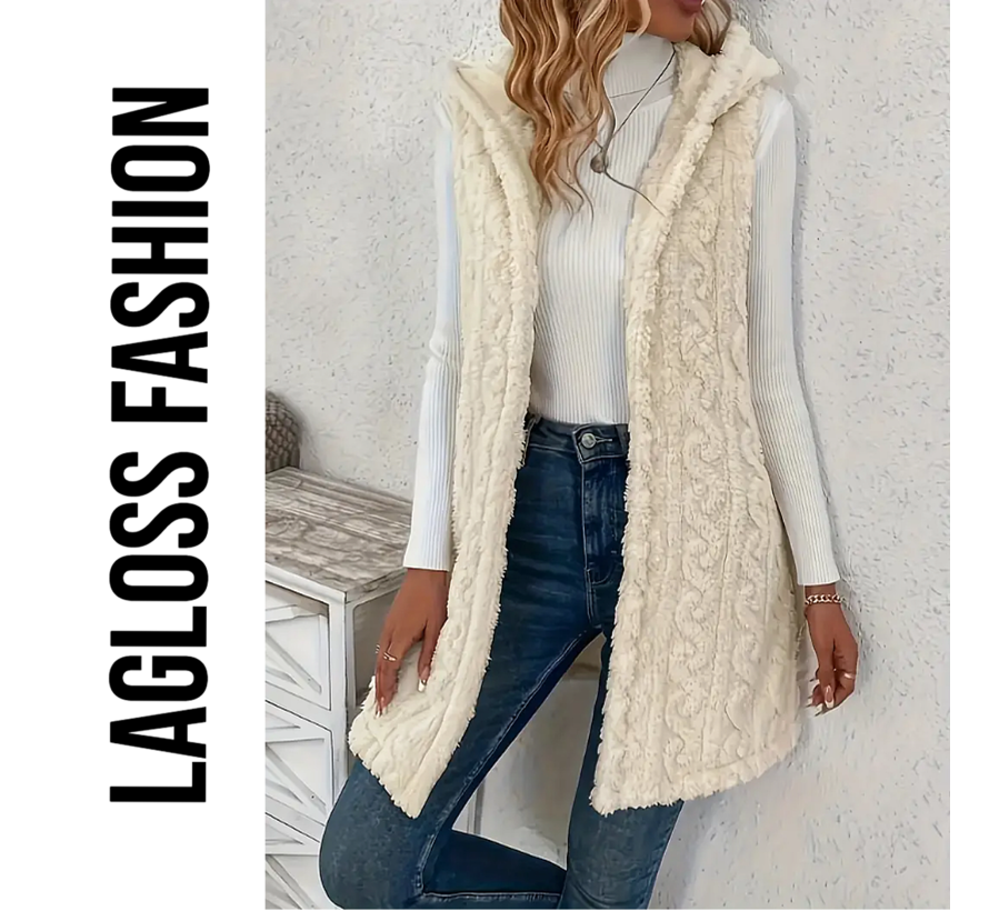 LaGloss® Mouwloos Vest Teddy Crème + Capuchon - Bodywarmer Pluche - Modieuze Winter Bodywarmer - Maat S %%