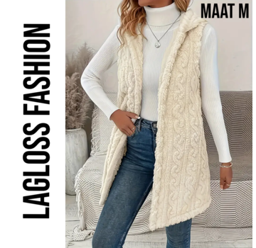 LaGloss Mouwloos Vest Teddy Crème + Capuchon - Maat M