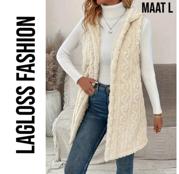 LaGloss Mouwloos Vest Teddy Crème + Capuchon - Maat L