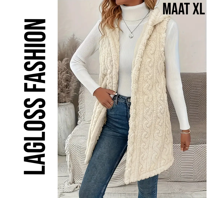 LaGloss® Mouwloos Vest Teddy Crème + Capuchon - Bodywarmer Pluche - Modieuze Winter Bodywarmer - Maat XL %%