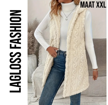 LaGloss Mouwloos Vest Teddy Crème + Capuchon - Maat XXL
