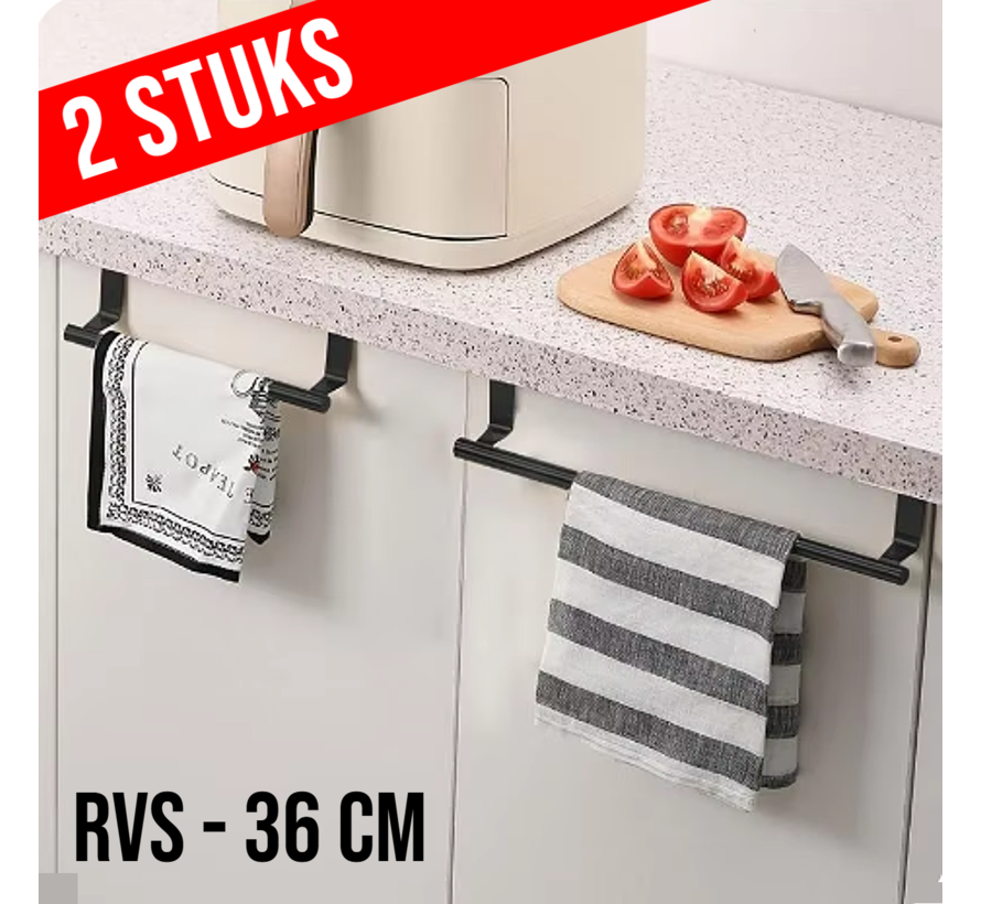Allernieuwste.nl® 2 Stuks Handdoekhouders voor Boven de Deur Industrial Look - Groot RVS Handdoekenrek - Keuken Kasten - 360 x 62 mm Handdoekrek Zwart ##