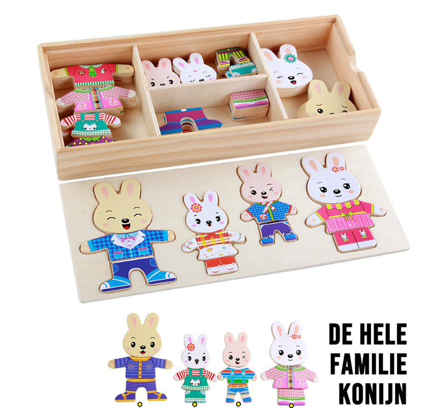 Allernieuwste.nl® Houten Aankleed Puzzel Creatieve Konijnen Aankleedpuzzel Voor Kinderen 4, 5, 6 jaar