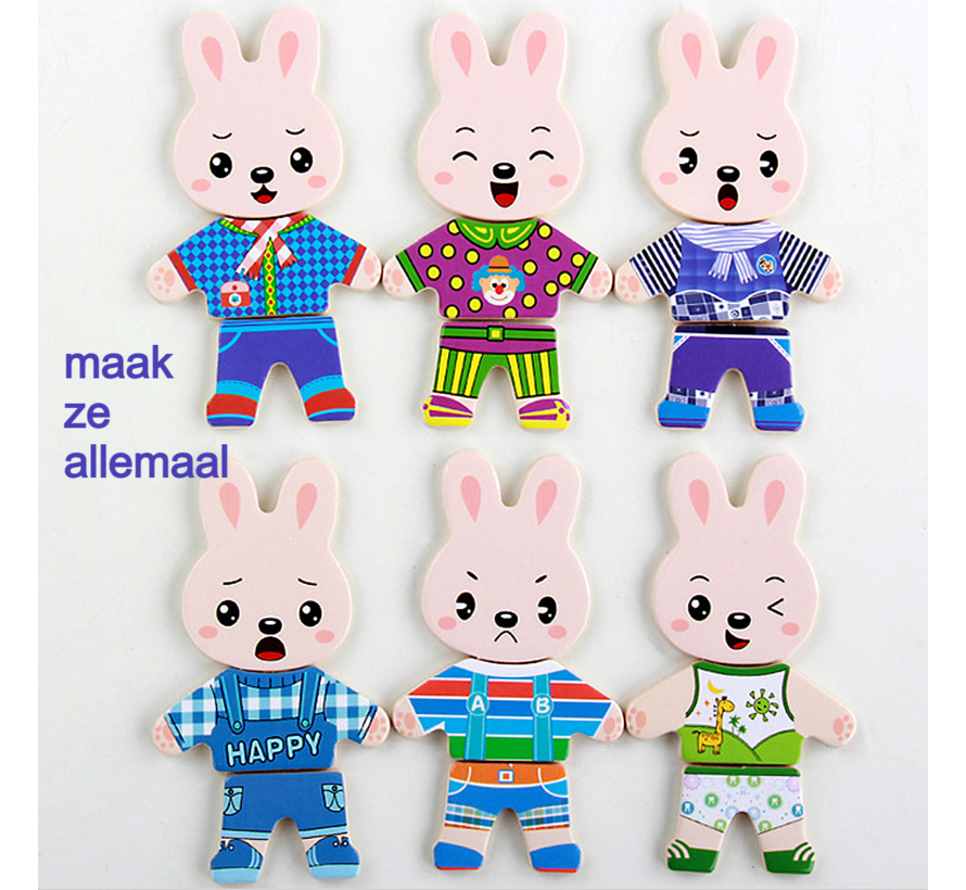 Allernieuwste.nl® Houten Aankleed Puzzel Creatieve Konijnen Aankleedpuzzel Voor Kinderen 4, 5, 6 jaar
