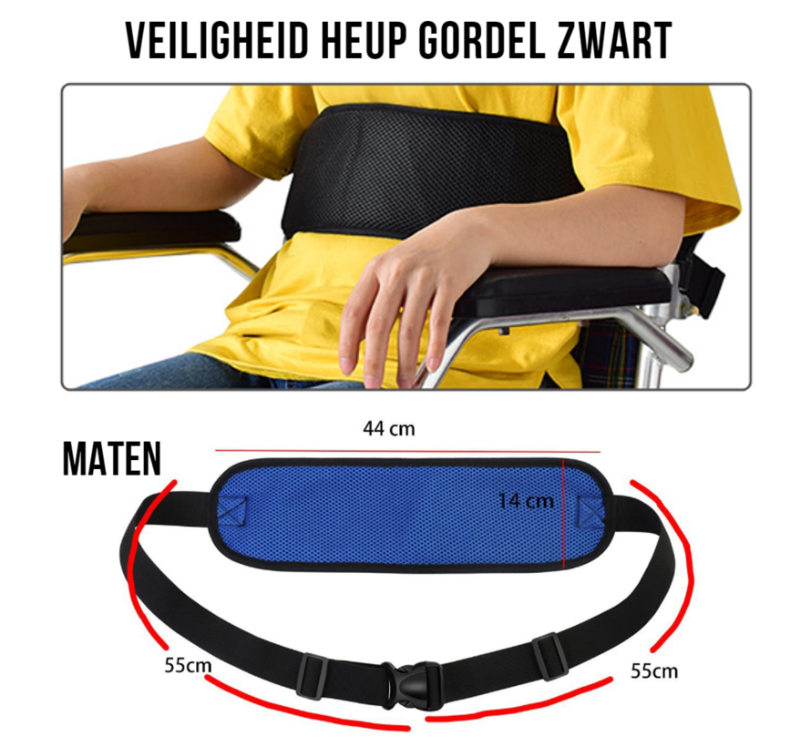 Allernieuwste.nl® Brede Luxe Rolstoelgordel - Veiligheidsriem voor Rolstoelen - Veilige Heupband voor Rolstoel Scooter Scootmobiel Riem - Zwart - 154 x 14 cm