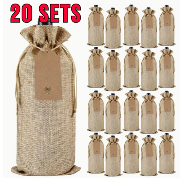 Allernieuwste.nl® 20 SETS Jute Wijnfles Zakken met Hangers en Touw