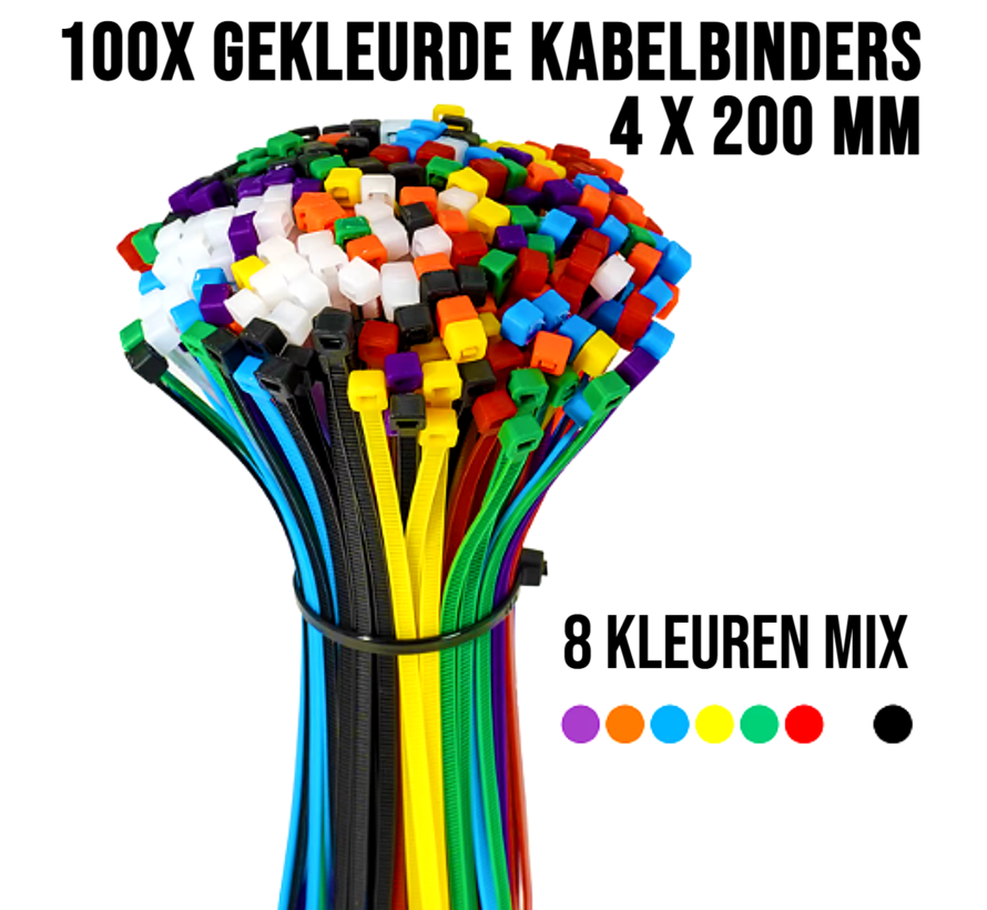 Allernieuwste.nl® Kabelbinders Multicolor Mix - Tyraps TiewrapsKabel Organizer 4 x 200mm Nylon - 100 stuks 8 kleuren