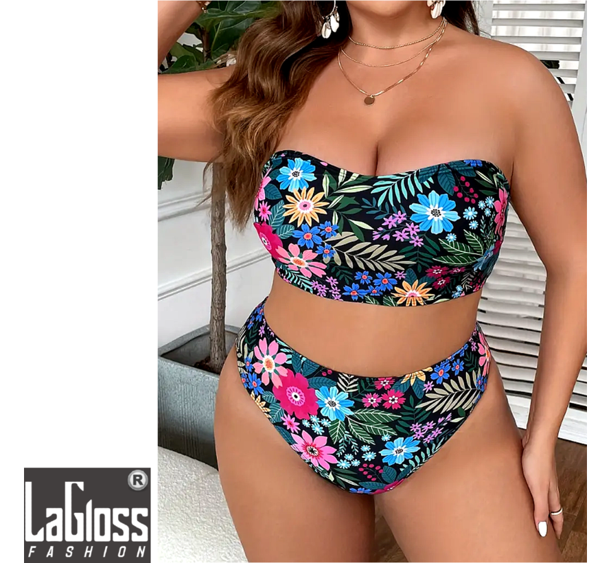 LaGloss® Bikini Set Bloemen Plus Size 1XL - Tropische Print Bandeau & High Cut Panty - 2-delig