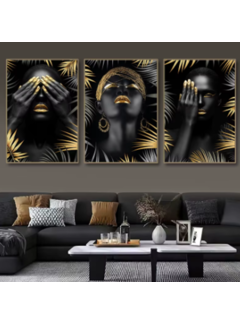 Allernieuwste.nl Canvas Schilderij 3-Luik Vrouw Zwart Goud - Horen Zien Zwijgen - 3x 50x70cm
