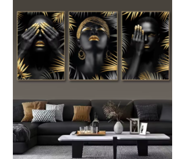 Allernieuwste.nl Canvas Schilderij 3-Luik Vrouw Zwart Goud - Horen Zien Zwijgen - 3x 50x70cm