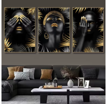 Allernieuwste.nl Canvas Schilderij 3-Luik Vrouw Zwart Goud - Horen Zien Zwijgen - 3x 50x70cm