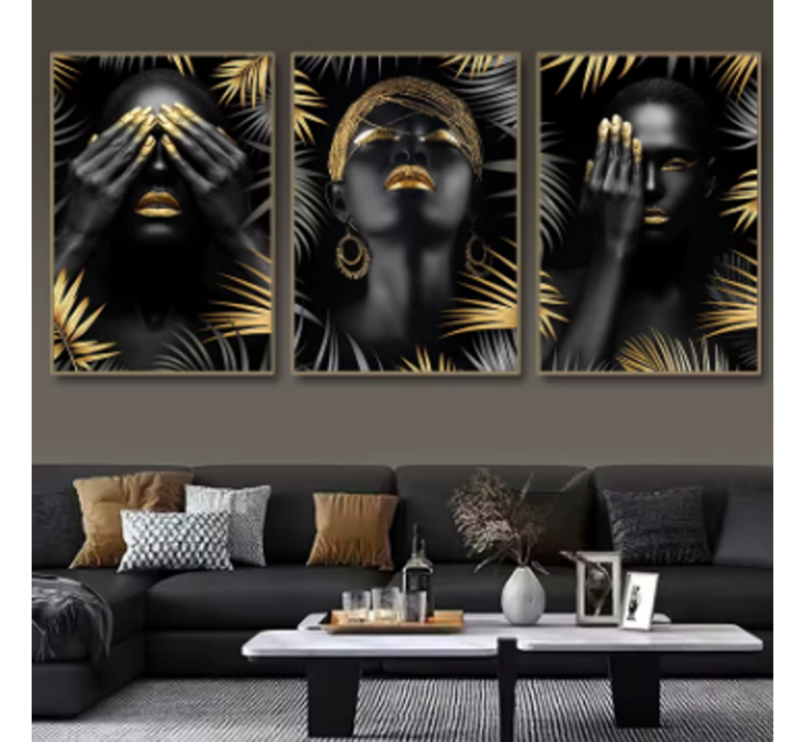 Allernieuwste.nl® Canvas Schilderij 3-Luik Vrouw Zwart Goud - Horen Zien Zwijgen - Modern Poster - 3x 50x70cm