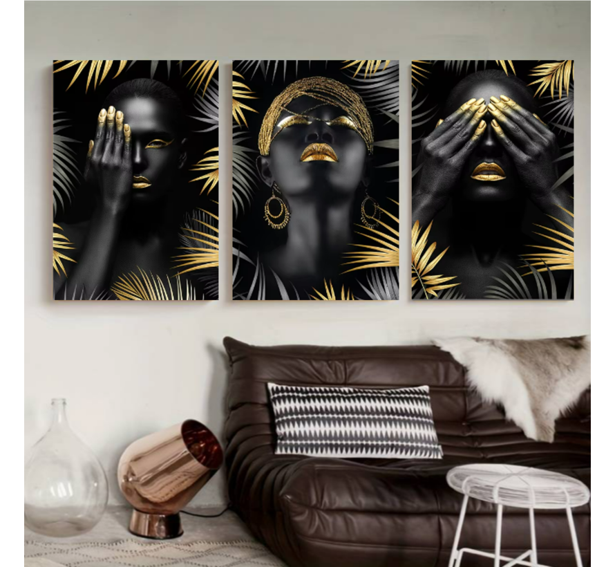 Allernieuwste.nl® Canvas Schilderij 3-Luik Vrouw Zwart Goud - Horen Zien Zwijgen - Modern Poster - 3x 50x70cm