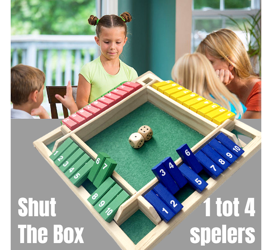 Allernieuwste.nl® Shut the box - Kleurige Houten Bordspel - Dobbelspel - 1 - 4 spelers - Drankspel - Denkspel - Gezelschapsspel voor volwassenen en kinderen - Spel voor op Reis - Houten spel - Kinder spel - Dobbelstenen - Reisspel - Samen spelen
