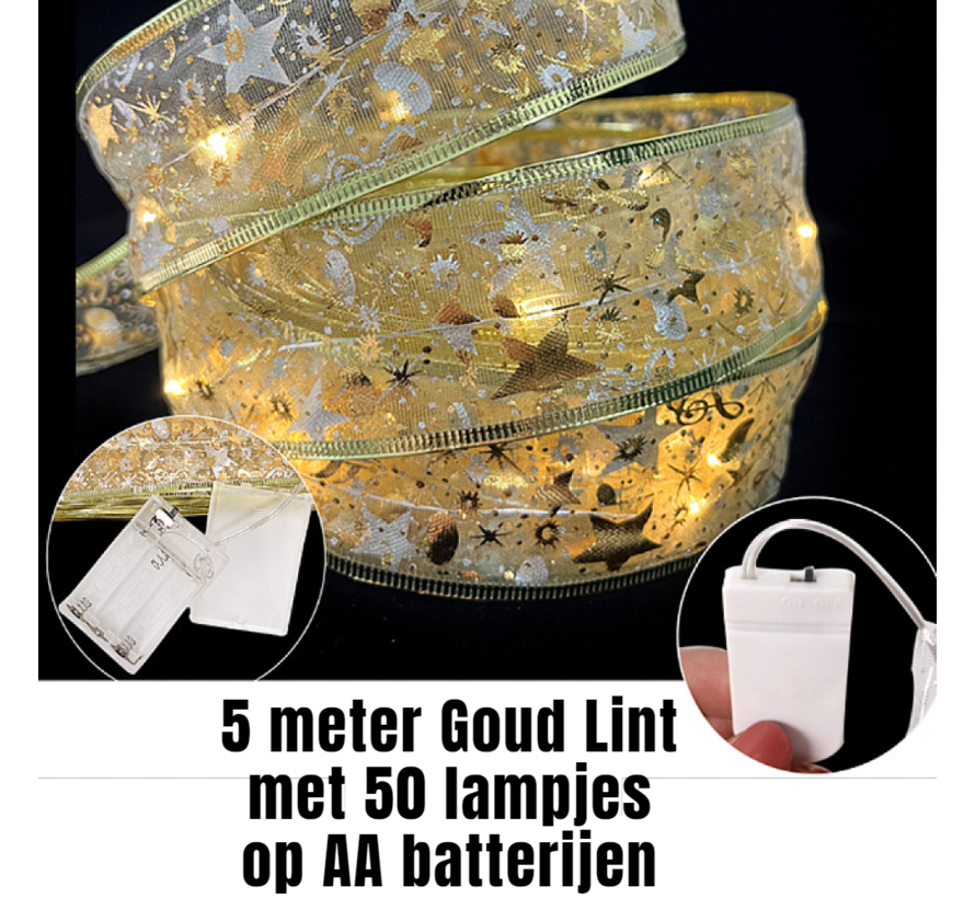 KERST LINT Decoratie GOUD met 50 st LED-lampjes en 1 programma - Kerstdecoratie Band 5 Meter - goud