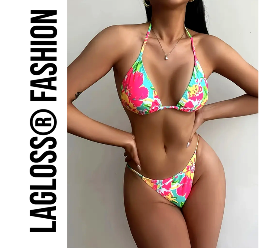 LaGloss® Bikini Bloemenprint V-string - Strand/Beach Swimsuit - 2-delig - Zomer Badmode - Maat S %%