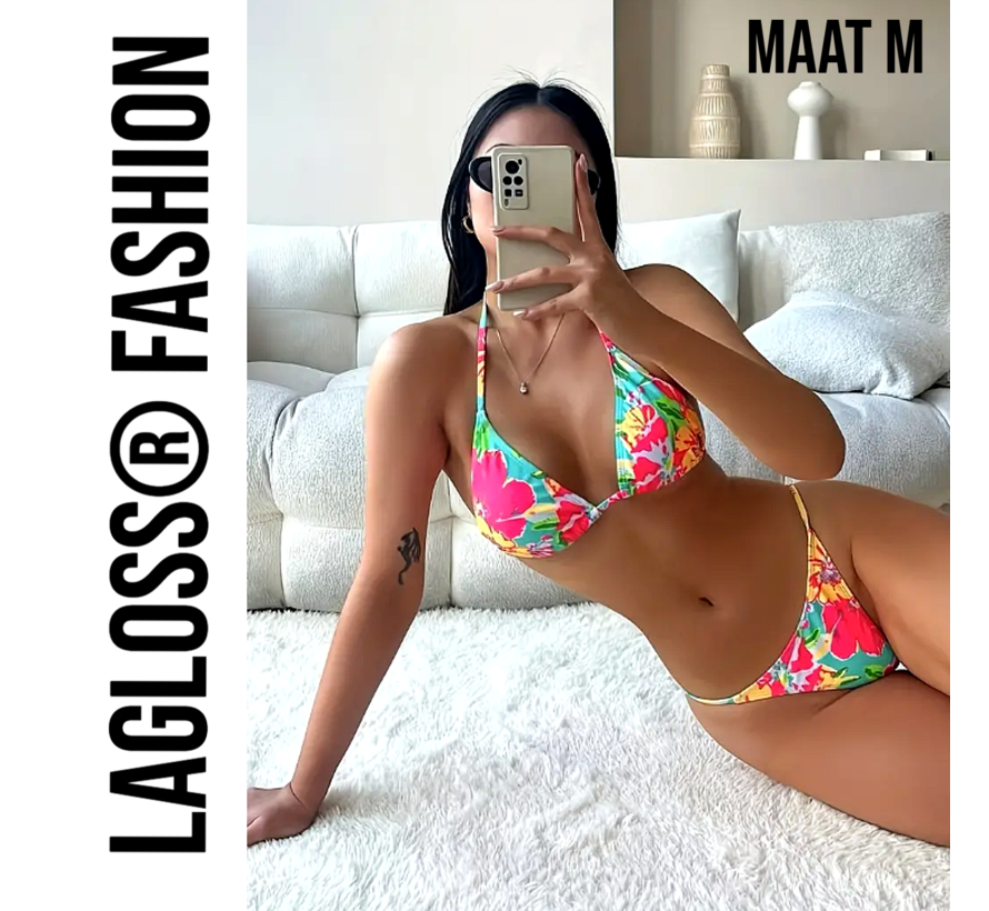 LaGloss® Bikini Bloemenprint V-string - Strand/Beach Swimsuit - 2-delig - Zomer Badmode - Maat M %%