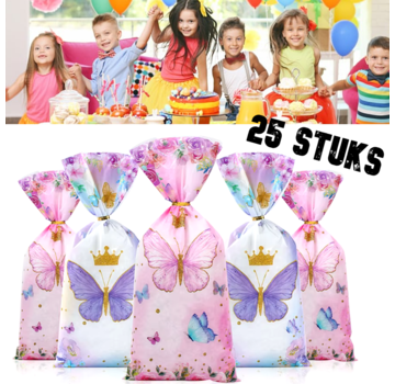 Allernieuwste.nl® 25 Stuks Uitdeelzakjes Vlinder - 2 Designs - Paars & Roze - 12.5 x 27.2 cm **
